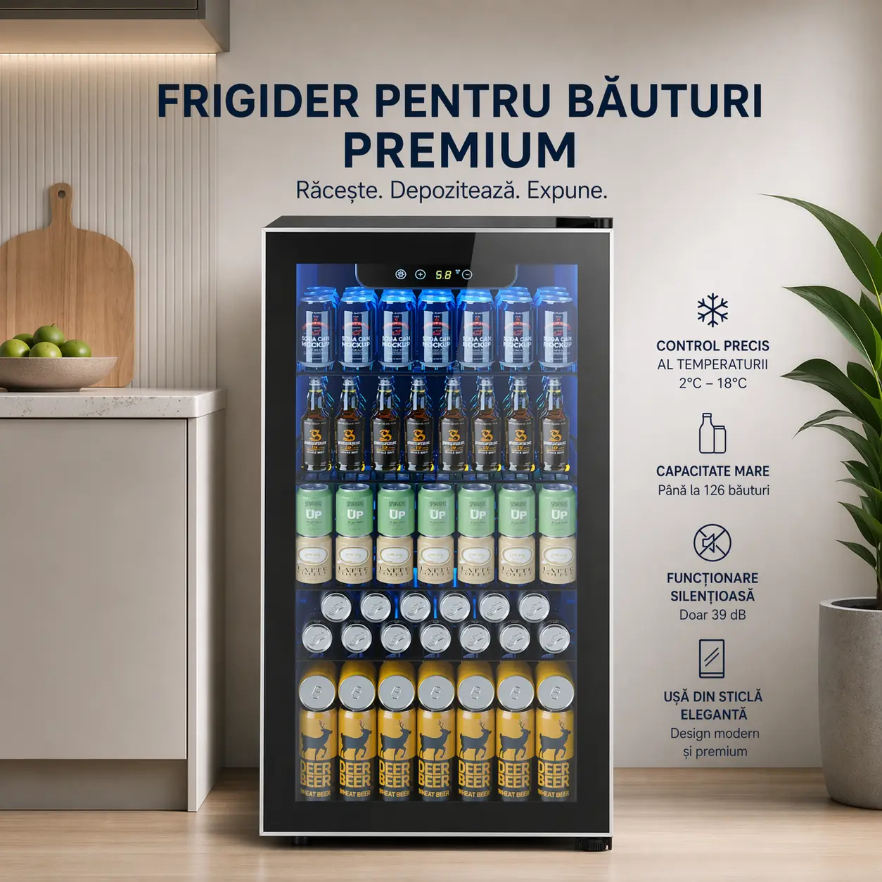 Frigider pentru băuturi cu ușă din sticlă – interior și rafturi